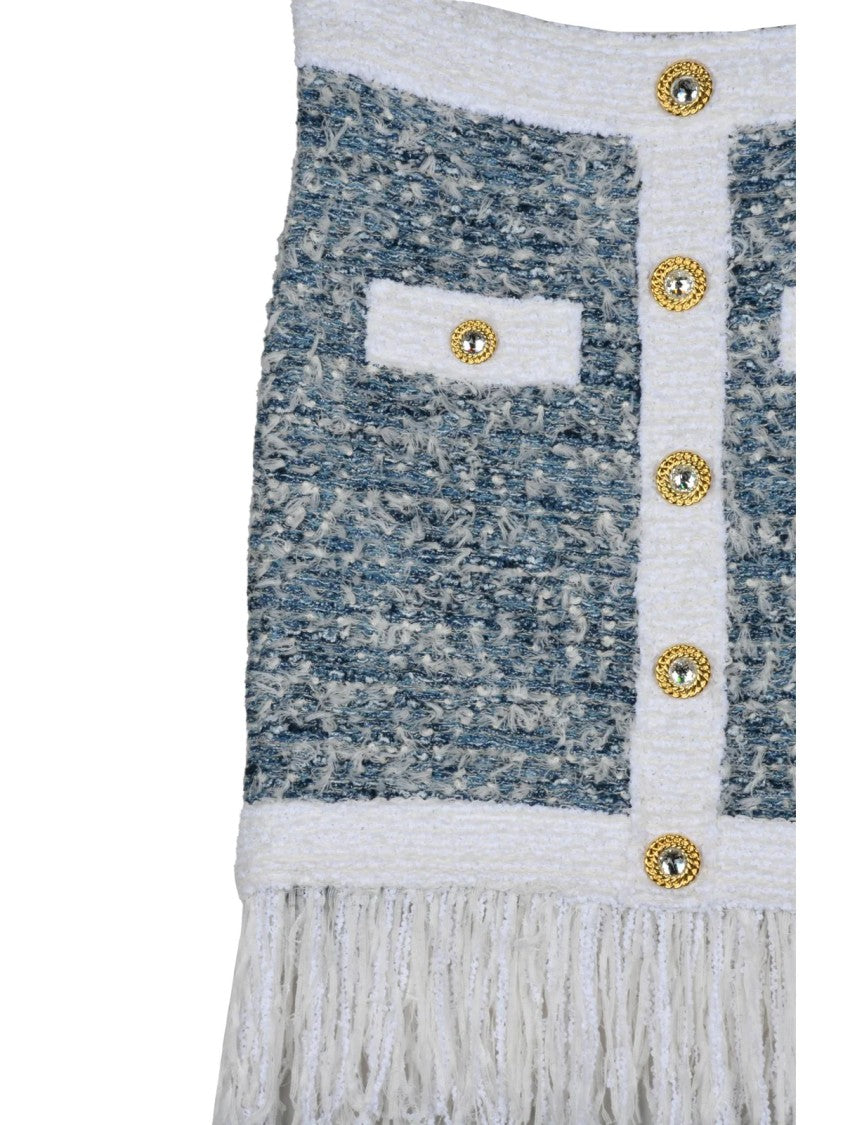 Balmain Textured Bouclé Mini Skirt With Fringe Hemline And Gold Accents