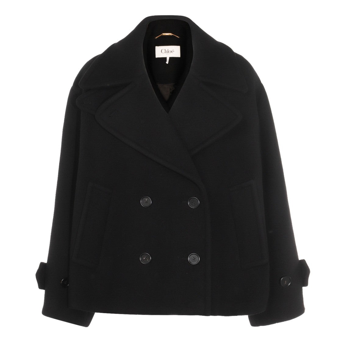Chloé Double-Breasted Black Wool Coat With Lapel Collar And Buckle Cuffs