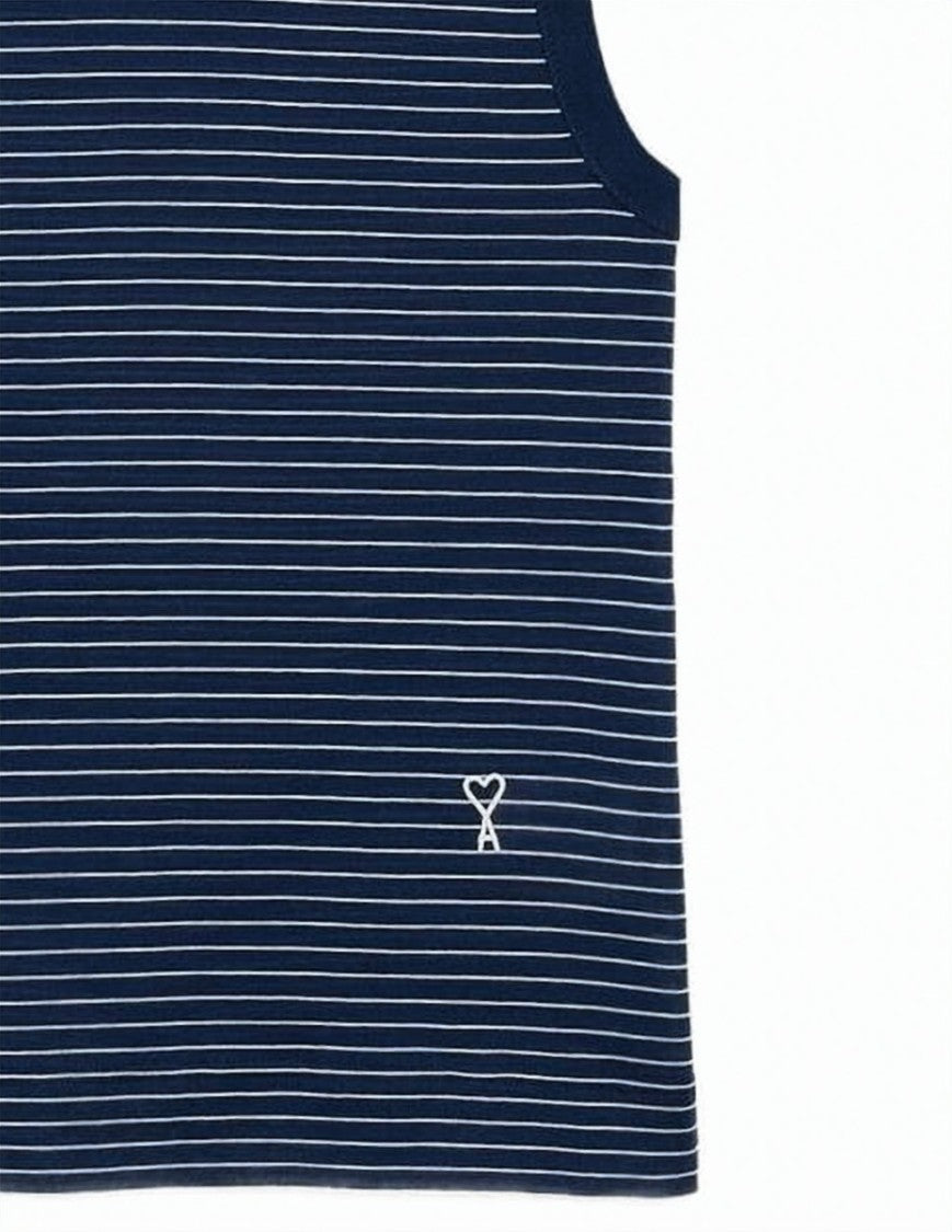 Ami Paris Navy Blue Sleeveless Round Neck Striped Top