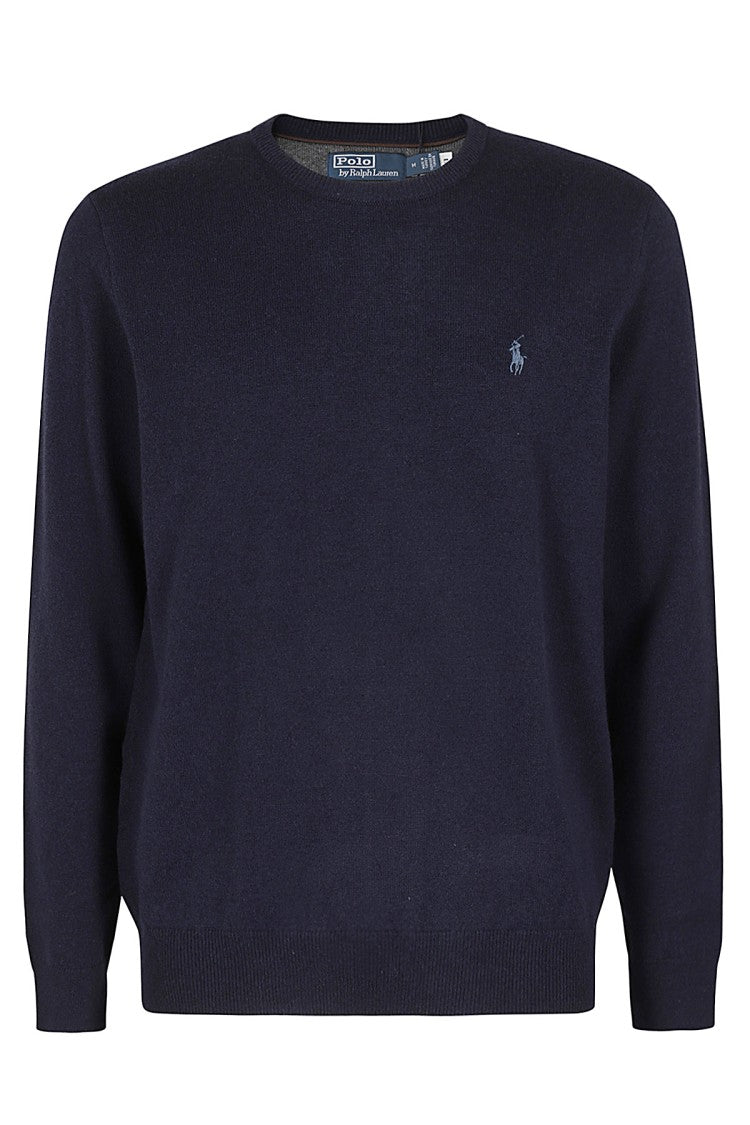 Polo Ralph Lauren Crew Neck Blue Lambswool Sweater With Embroidered Logo