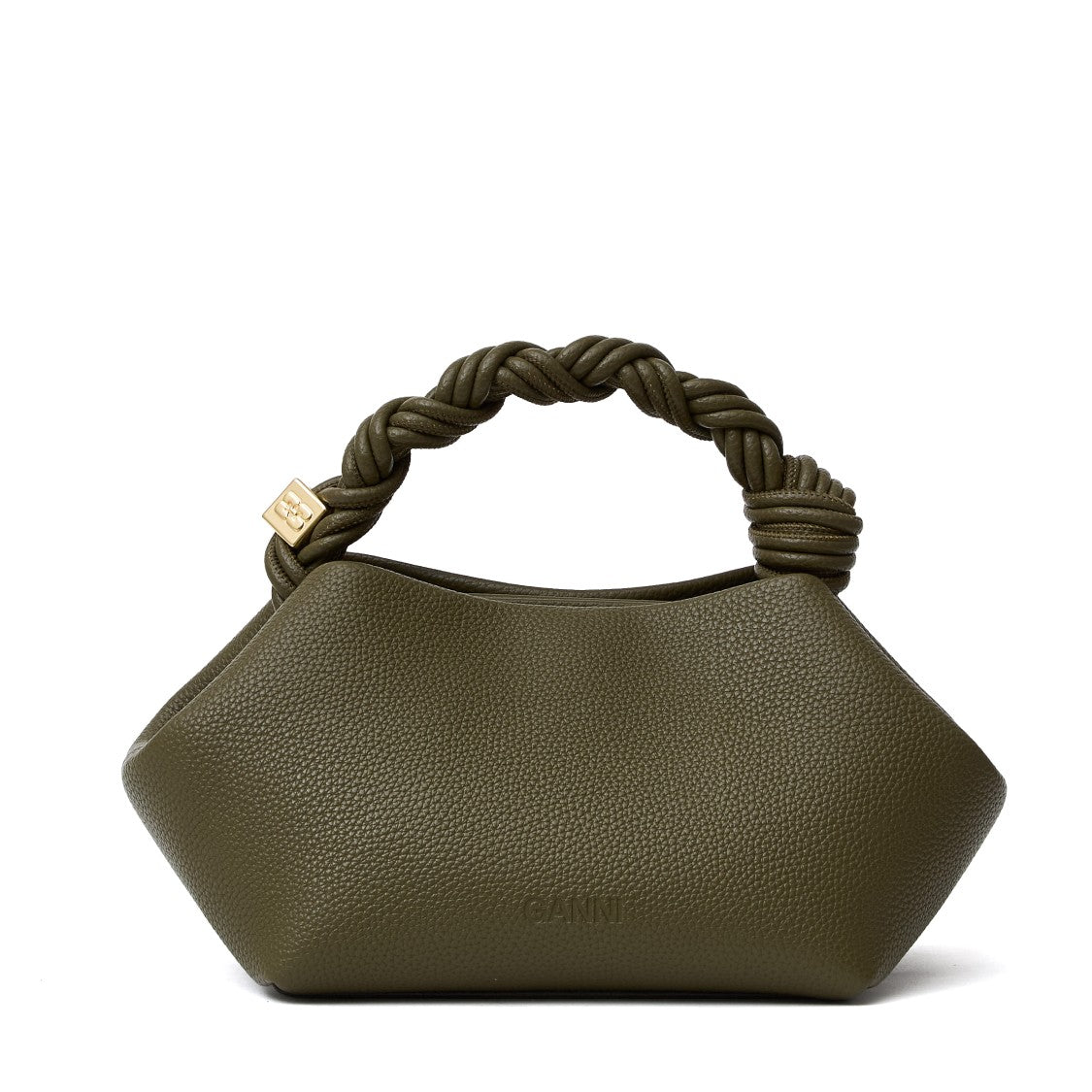 Ganni Textured Green Small Grained Handbag With Twisted Handle
