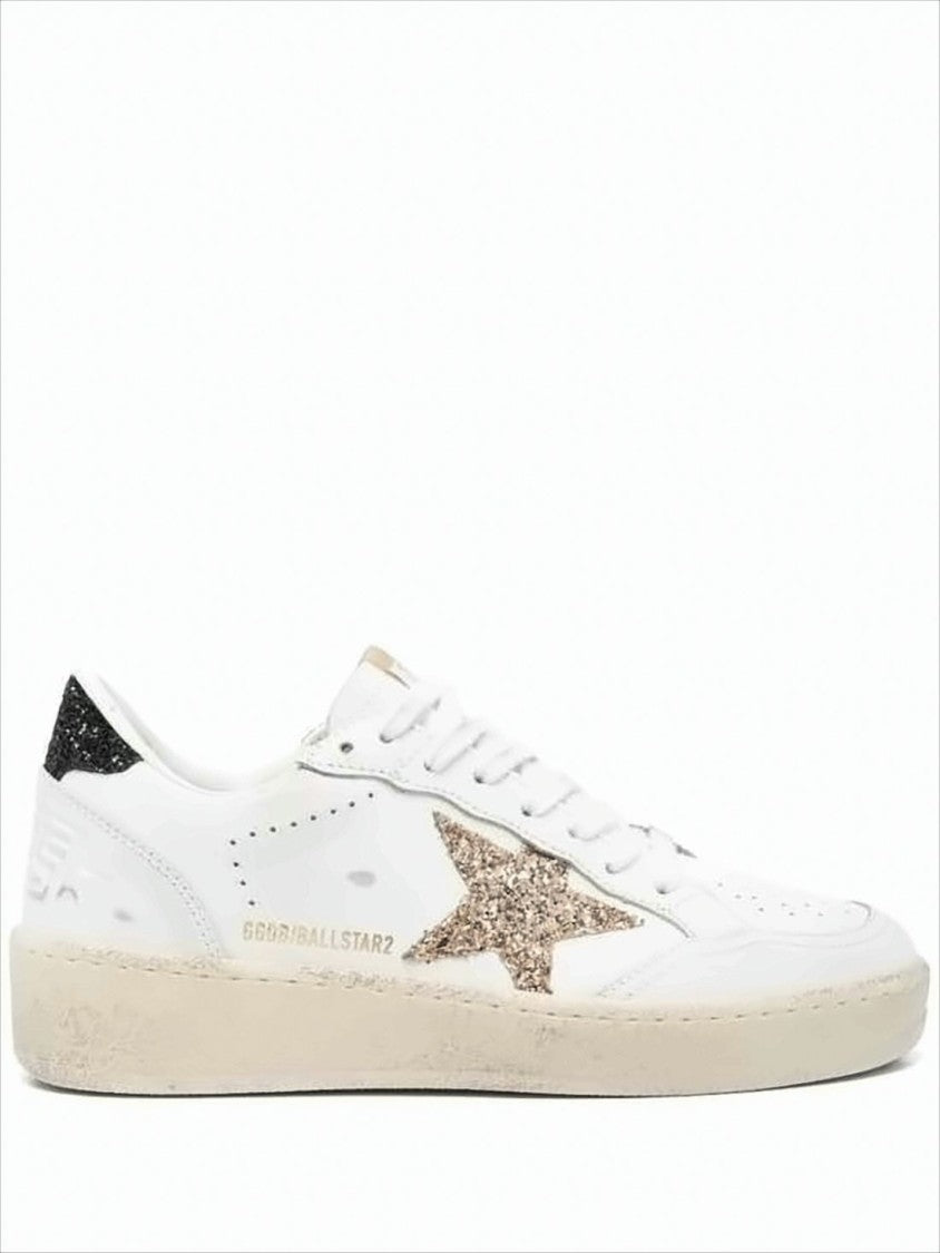 Golden Goose Distressed White Leather Sneakers With Glitter Accents