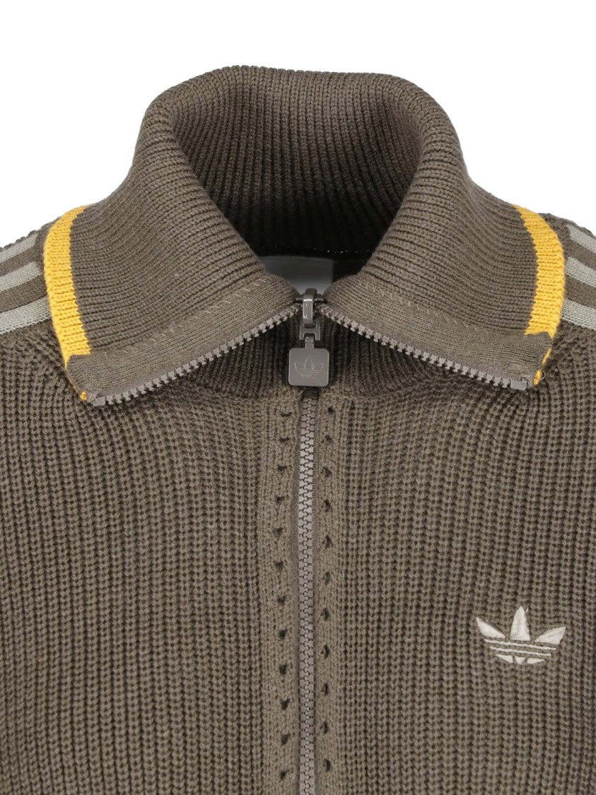 Adidas Brown Firebird Striped Wool-Blend Zip-Through Knit