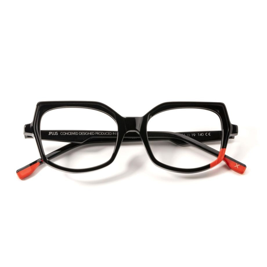 Jplus Aira Bold Geometric Black Acetate Eyeglasses With Red Accents