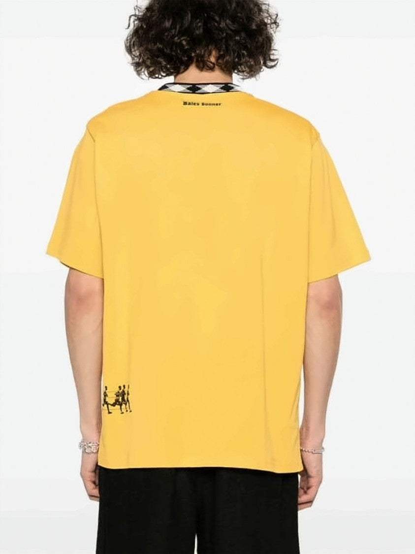 Wales Bonner Short-Sleeved T-Shirt With Checkered Neckline And Bold Graphic