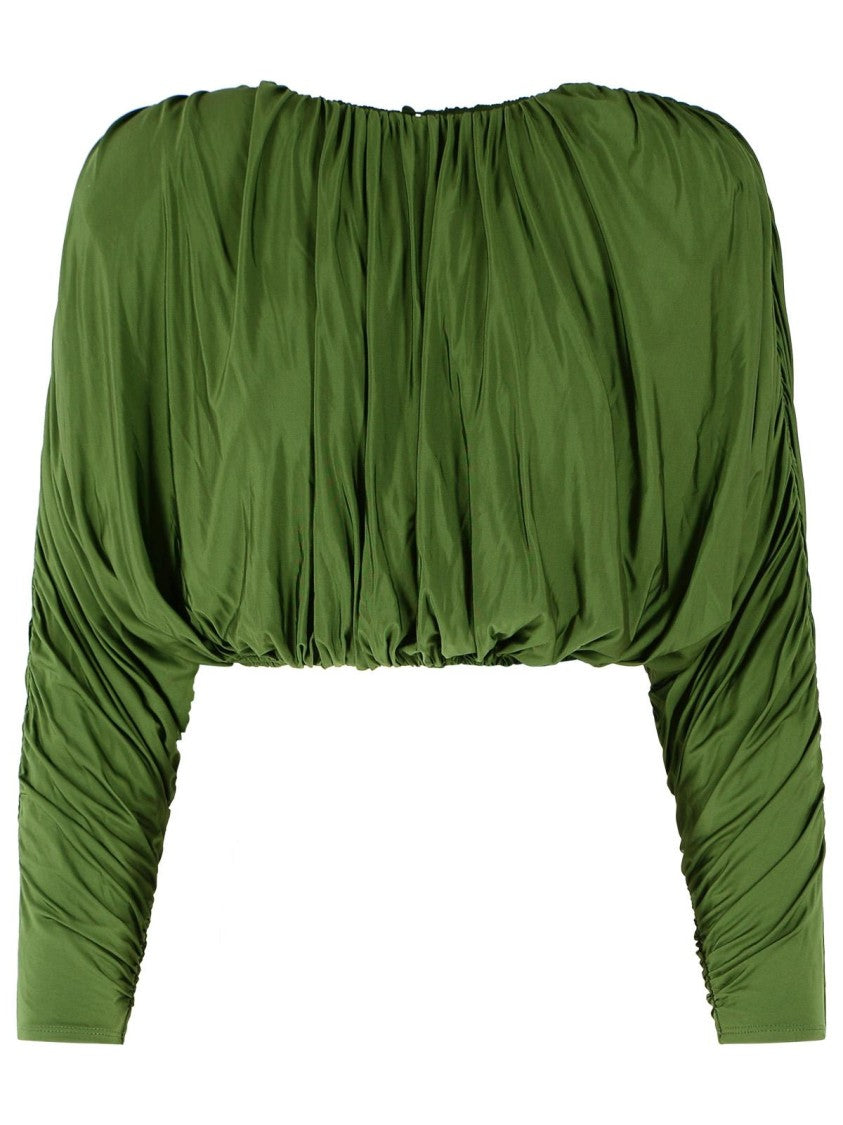 Self-Portrait Olive Ruched Viscose-Blend Cropped Top