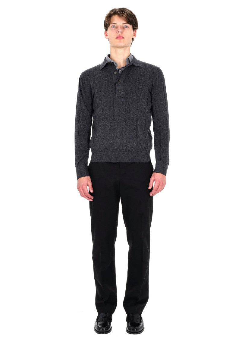 Eleventy Cotton-Cashmere Blend Long Sleeve Polo With Horn Buttons