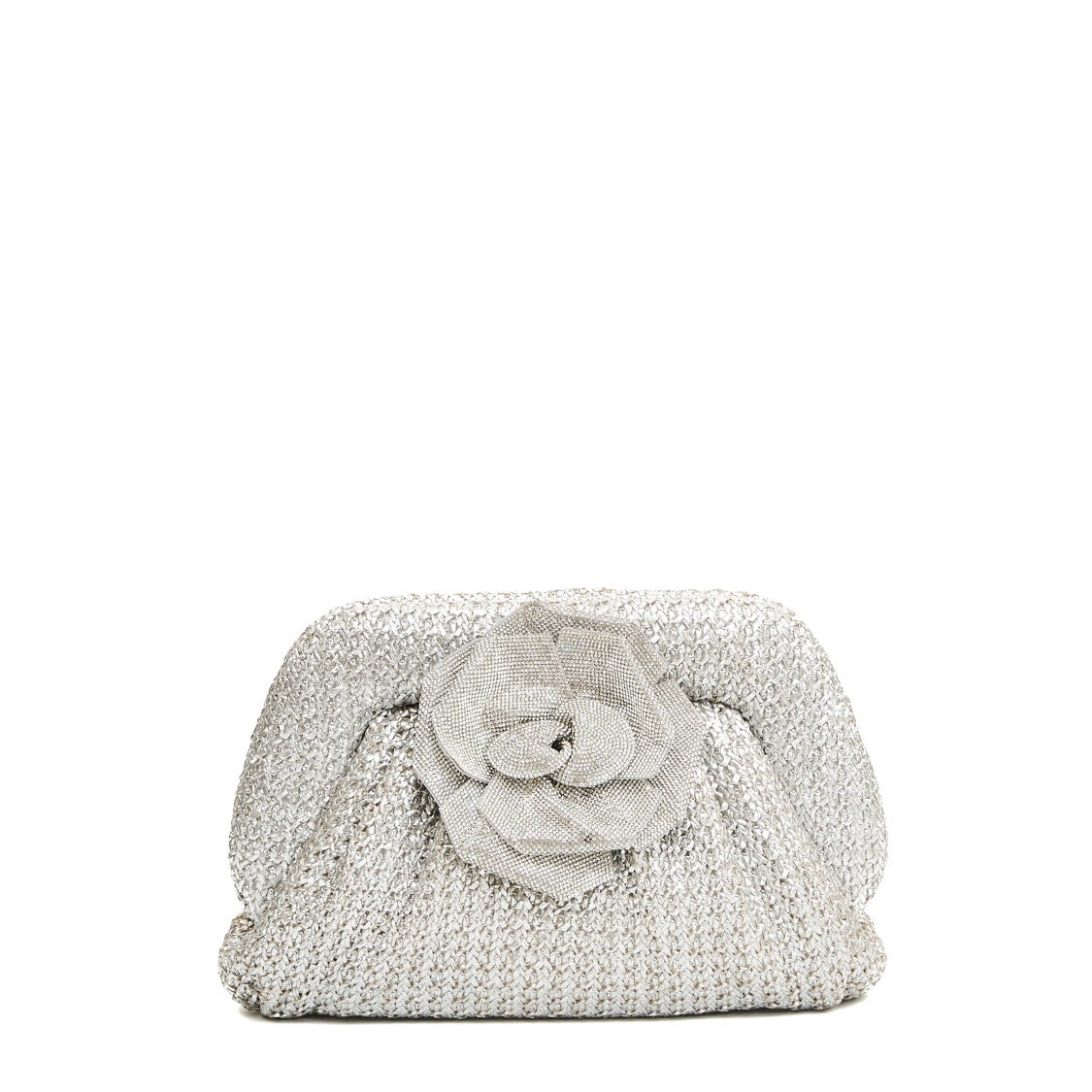 Twentyfourhaitch Woven Silver Clutch With Rhinestone Rose Detail
