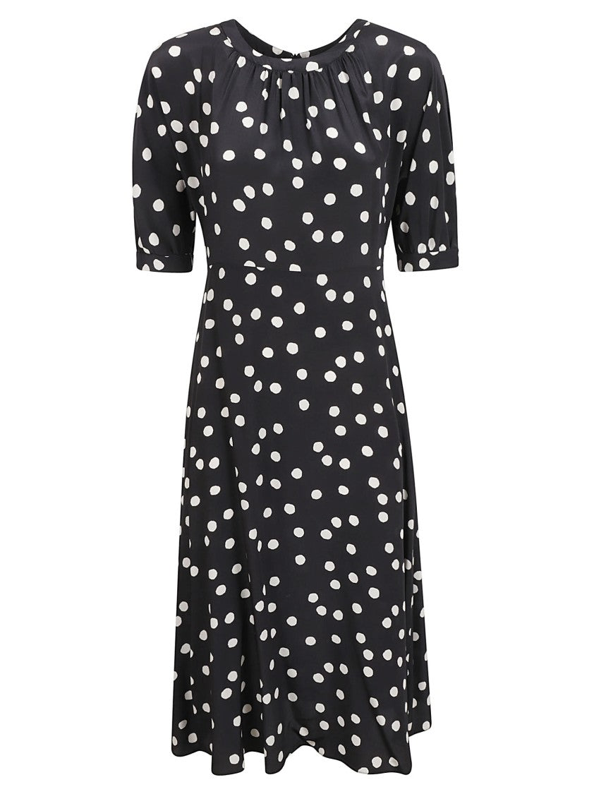 Max Mara Knee-Length Silk Dress With Gathered Neckline And Polka Dot Print