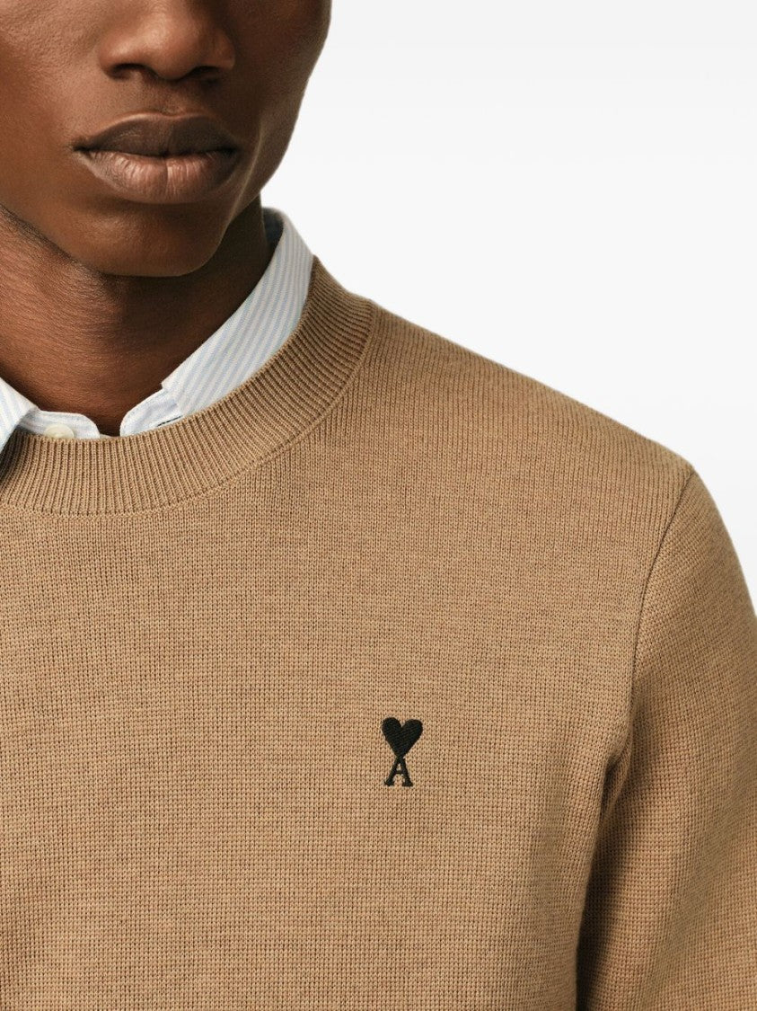 Ami Paris Crew Neck Sweater With Ribbed Details And Emblem