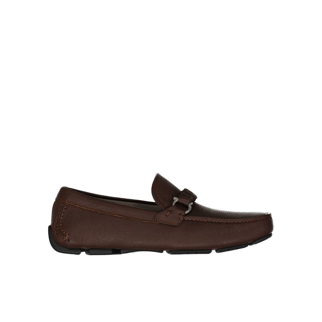 Salvatore Ferragamo Round Toe Brown Leather Loafers With Metal Bit Detail