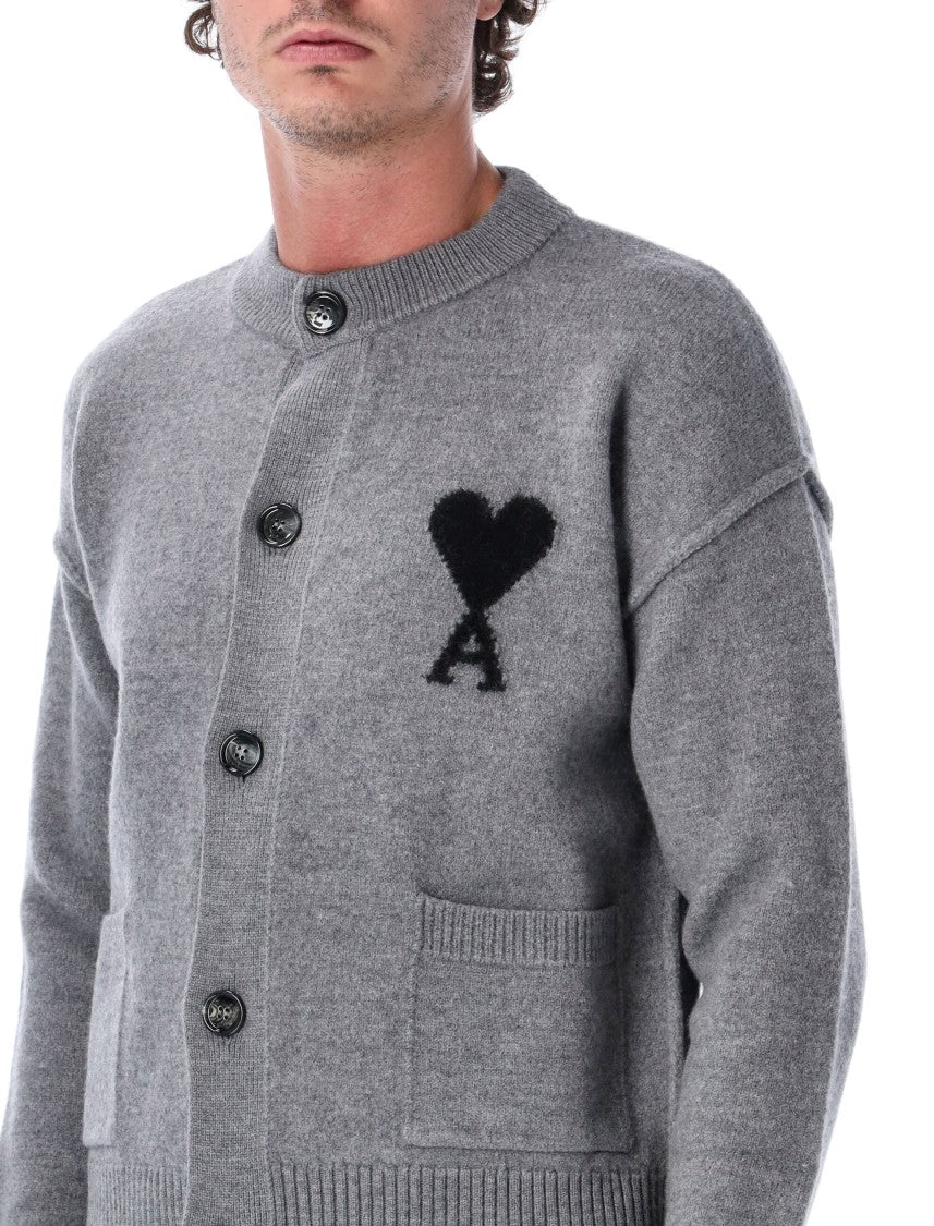 Ami Paris Minimalist Grey Knit Cardigan With Ami De Coeur Intarsia