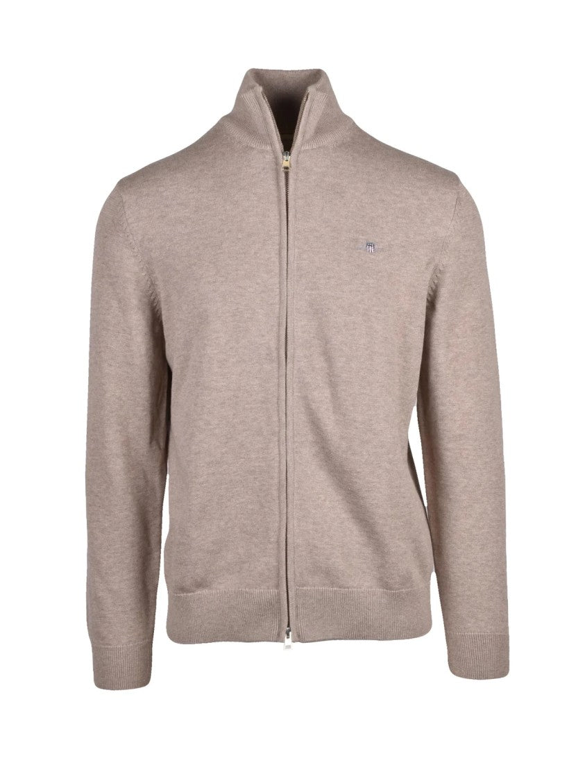 Gant Beige Zip-Through High Collar Cotton Cardigan