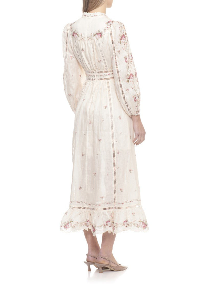 Zimmermann Pink Patience Lace Floral Linen Midi Dress