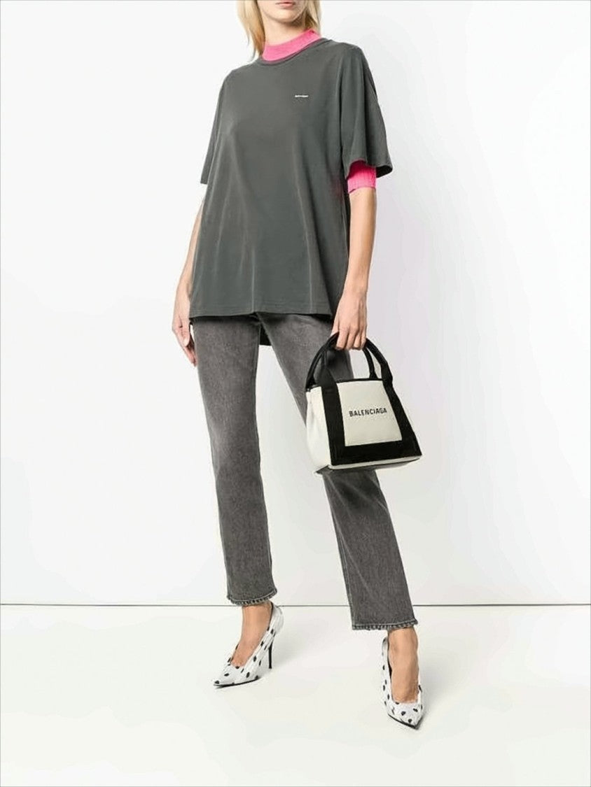 Balenciaga Compact Canvas Tote Bag With Calf Leather Trim And Bold Lettering
