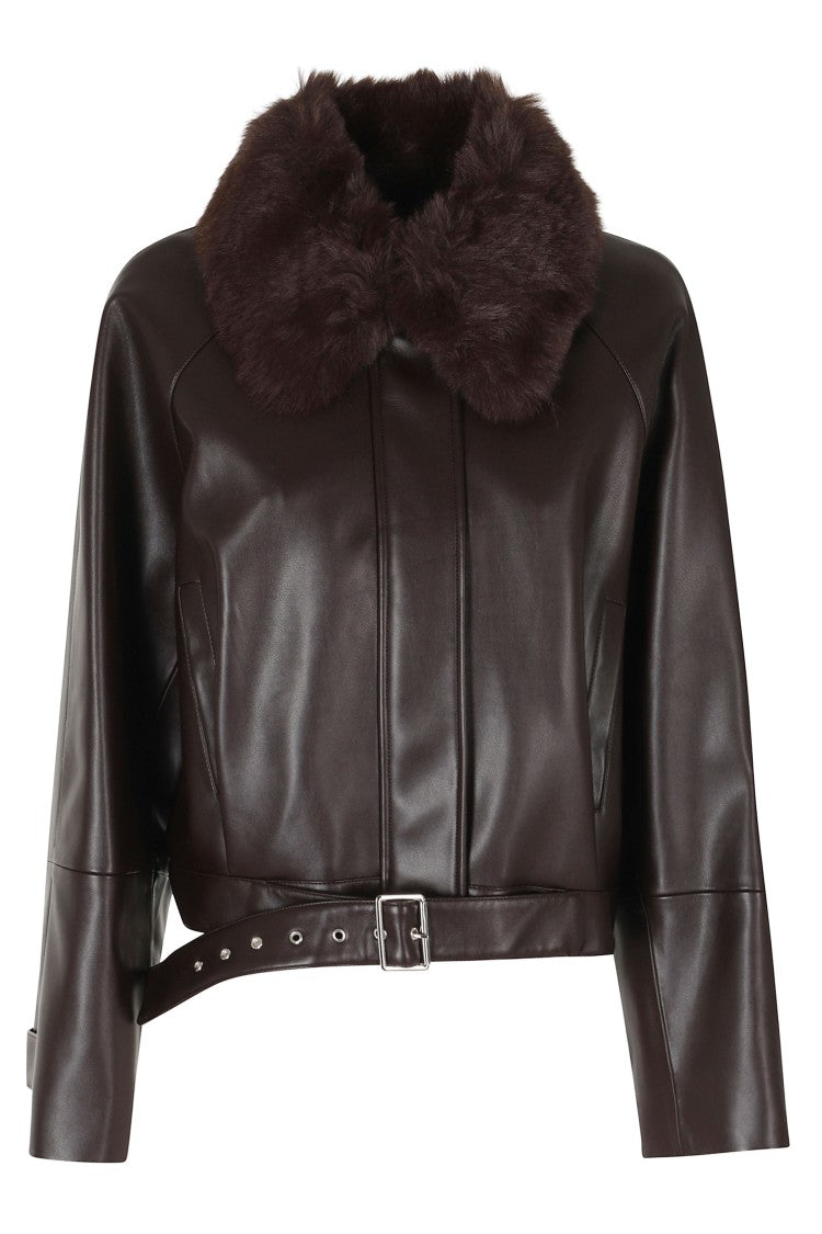 Isabelle Blanche Brown Faux Leather Fur Collar Bomber Jacket