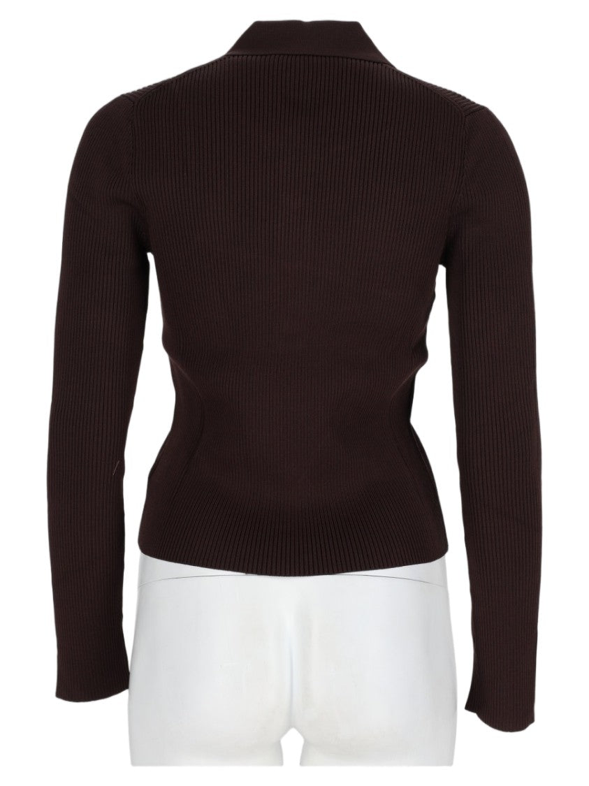 Michael Michael Kors Brown Collared Button Placket Viscose-Blend Knit Sweater