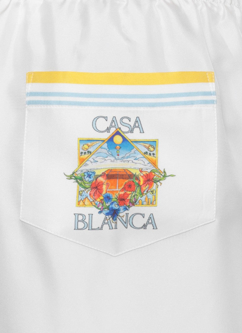 Casablanca White Tennis Landscape Silk Bermuda Shorts