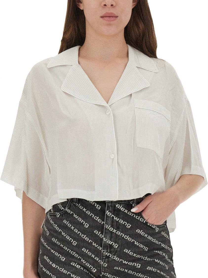 T By Alexander Wang Cropped Striped Shirt With Embroidered Logo