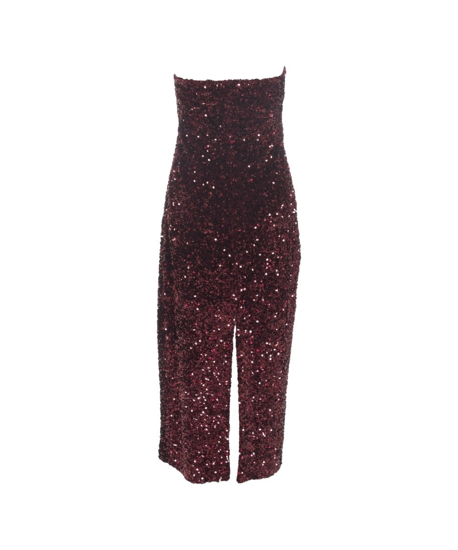 Gender Strapless Burgundy Midi Dress With Allover Sequin Detailing