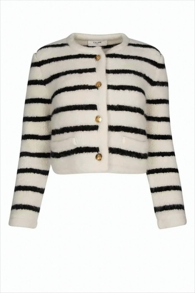 Celine Cropped Knit Cardigan With Horizontal Stripes And Gold-Tone Buttons