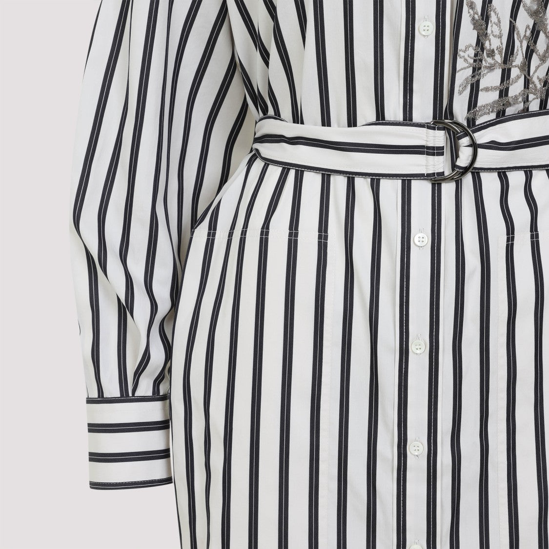 Brunello Cucinelli Striped Cotton Dress With Belted Waist And High Collar