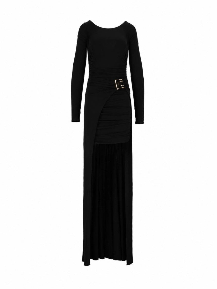 Elisabetta Franchi Black Ruched Asymmetrical Long-Sleeved Midi Dress