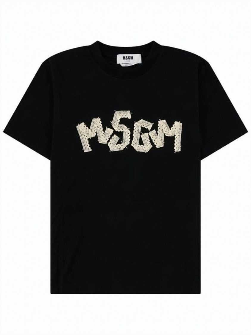 Msgm White Textured Logo Soft Cotton T-Shirt