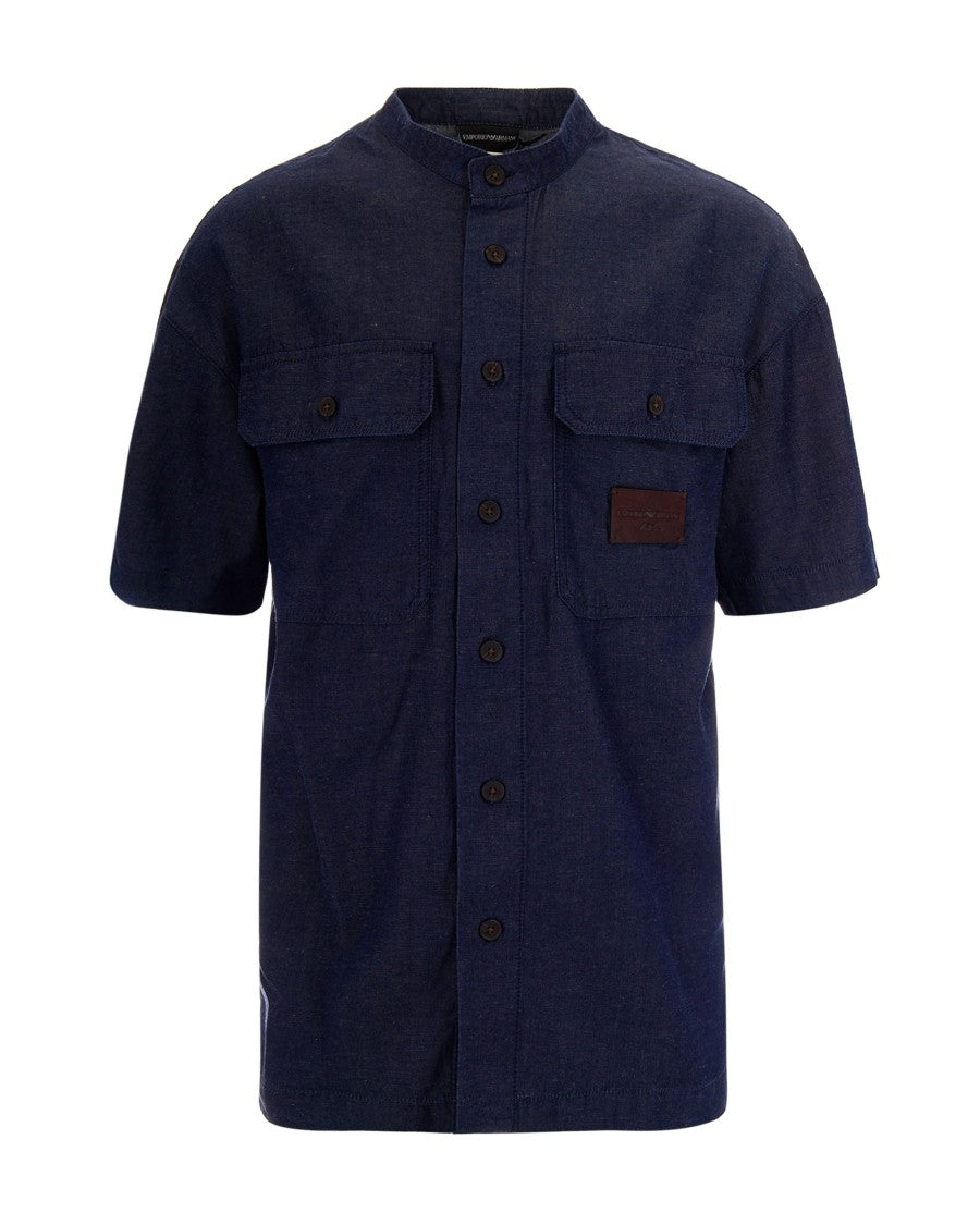 Emporio Armani Casual Chambray Shirt With Guru Collar And Flap Pockets