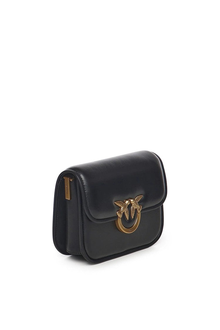 Pinko Black Flap-Front Gold Logo Clasp Leather Shoulder Bag