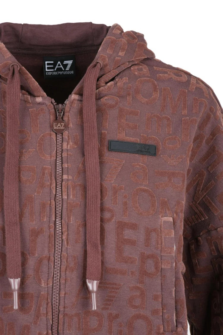 Ea7 Emporio Armani Red Cropped Velvet Hoodie