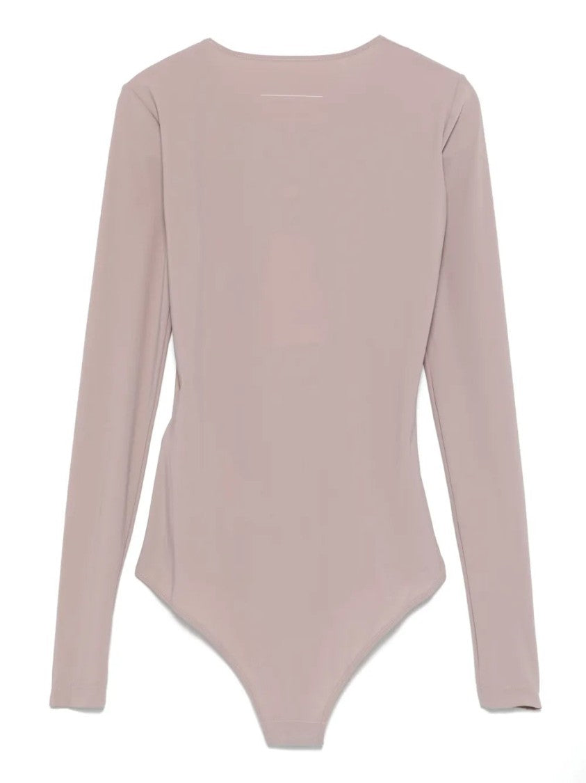 Mm6 By Maison Margiela Long-Sleeved Bodysuit In Taupe Grey With Signature Motif