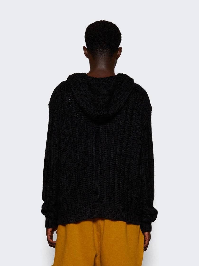 Rick Owens Textured Black Zipped Hoodie With Garter Stitch Detail