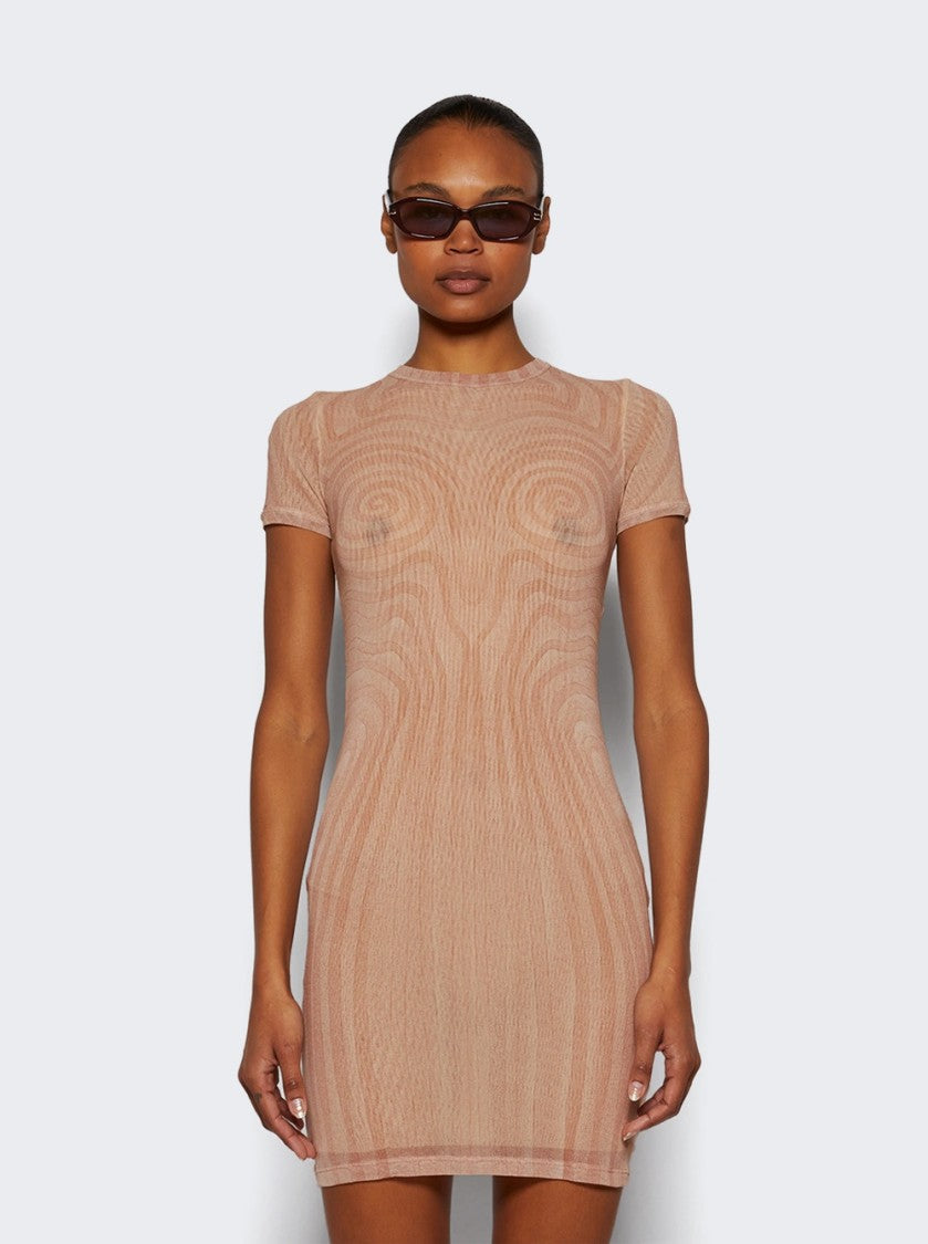 Jean Paul Gaultier Sheer Mesh Spiral Print Dress Pale Pink