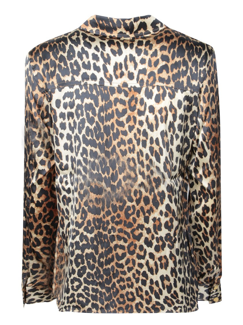 Ganni Leopard Pattern Satin Long Sleeve Shirt