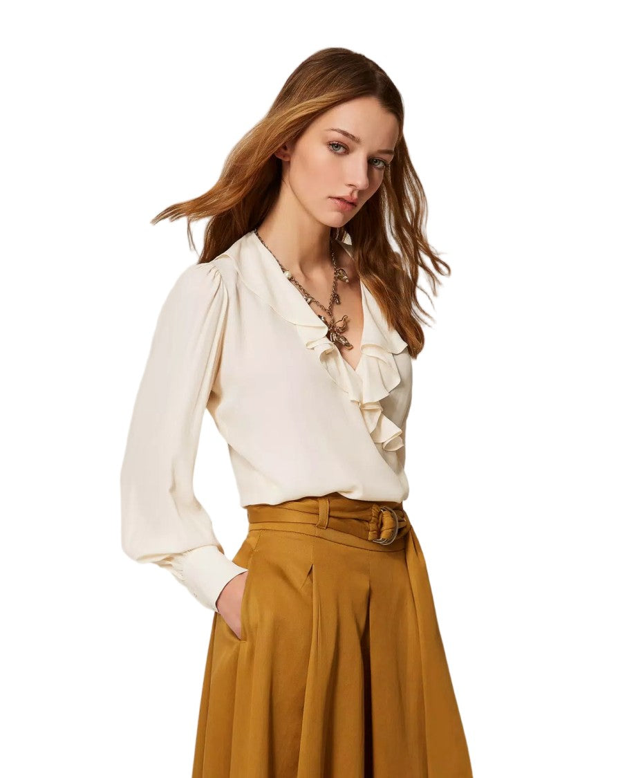 Twin-Set White Viscose-Blend Crêpe De Chine Crossover Ruffled Blouse