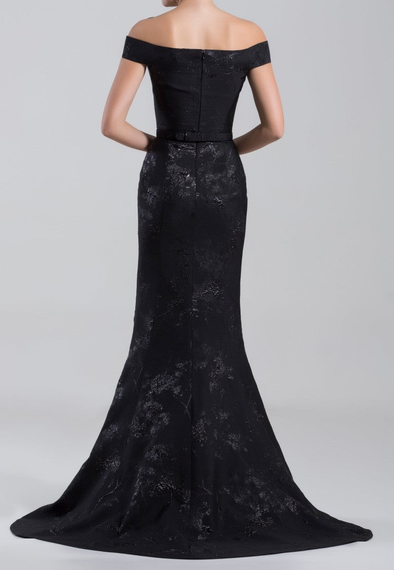 Saiid Kobeisy Long Brocade Dress With A Thin Belt
