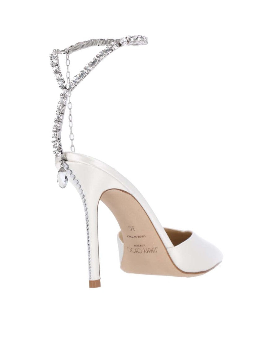 Jimmy Choo White High-Heeled Pumps With Rhinestone Ankle Strap