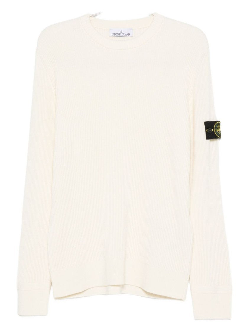 Stone Island Ivory Ribbed Knit Sweater With Crew Neckline