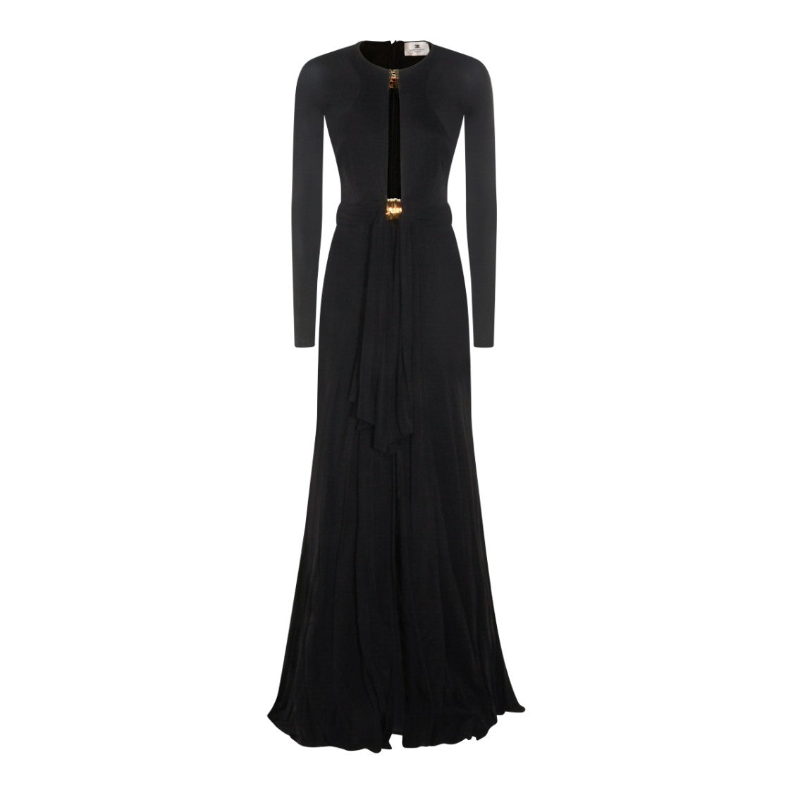 Elisabetta Franchi Long Black Maxi Dress With Draped Detail And Gold Hardware