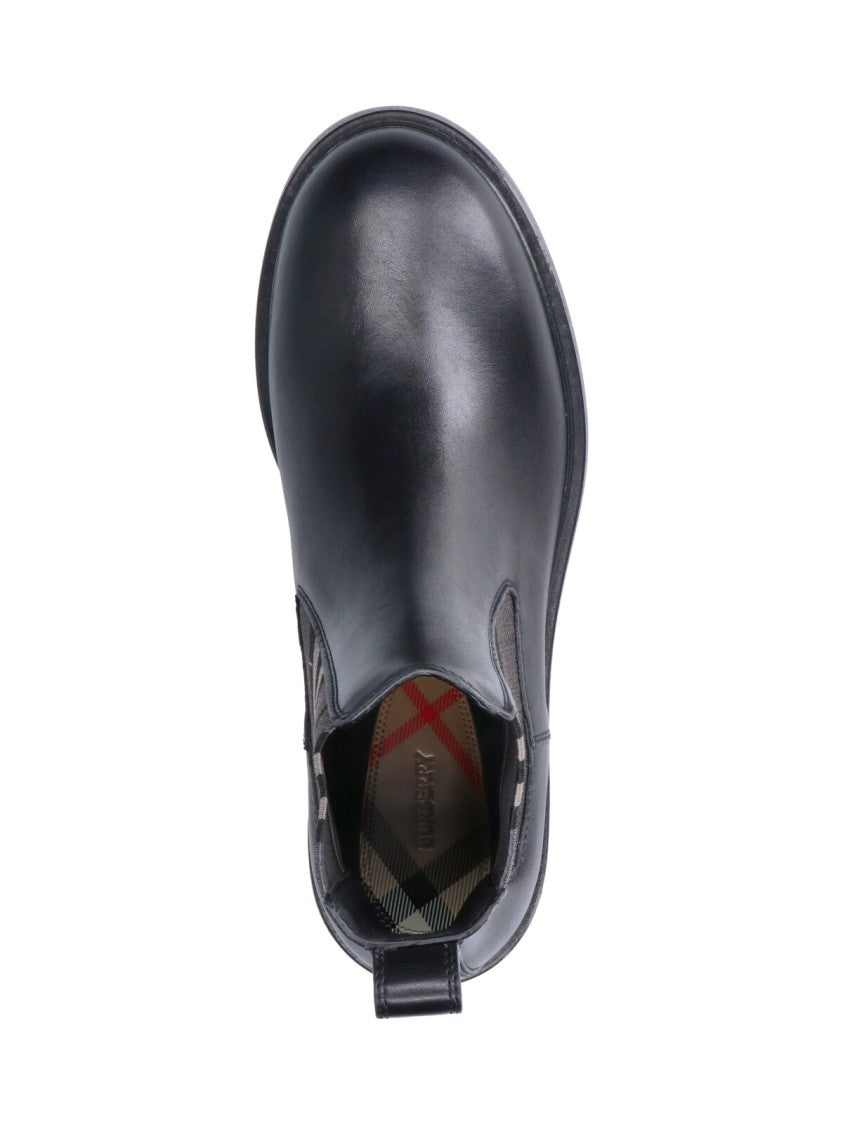 Burberry Black Calf Leather Check Inserts Rounded Toe Ankle Boots