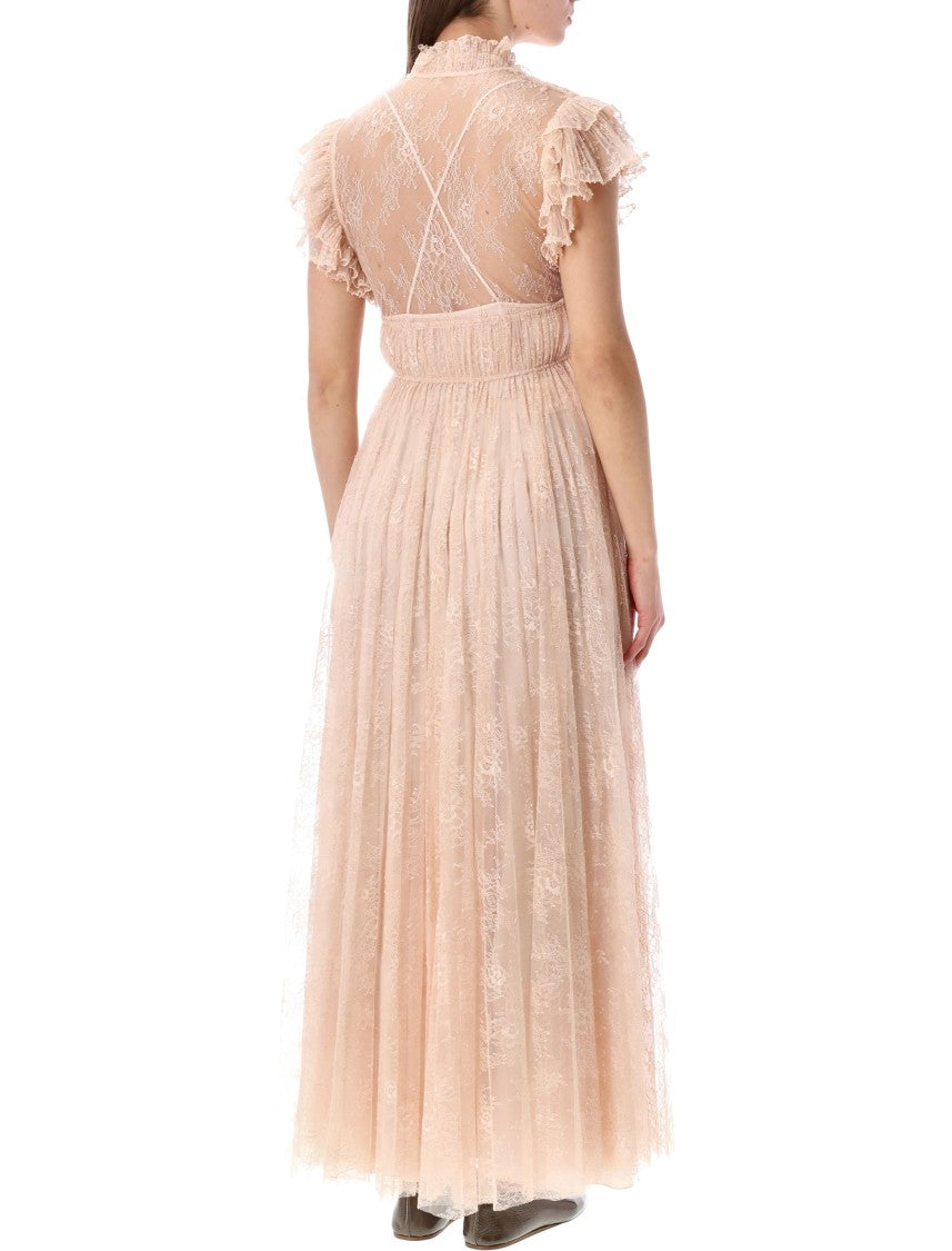 Alberta Ferretti Pleated Lace V Neck Evening Dress