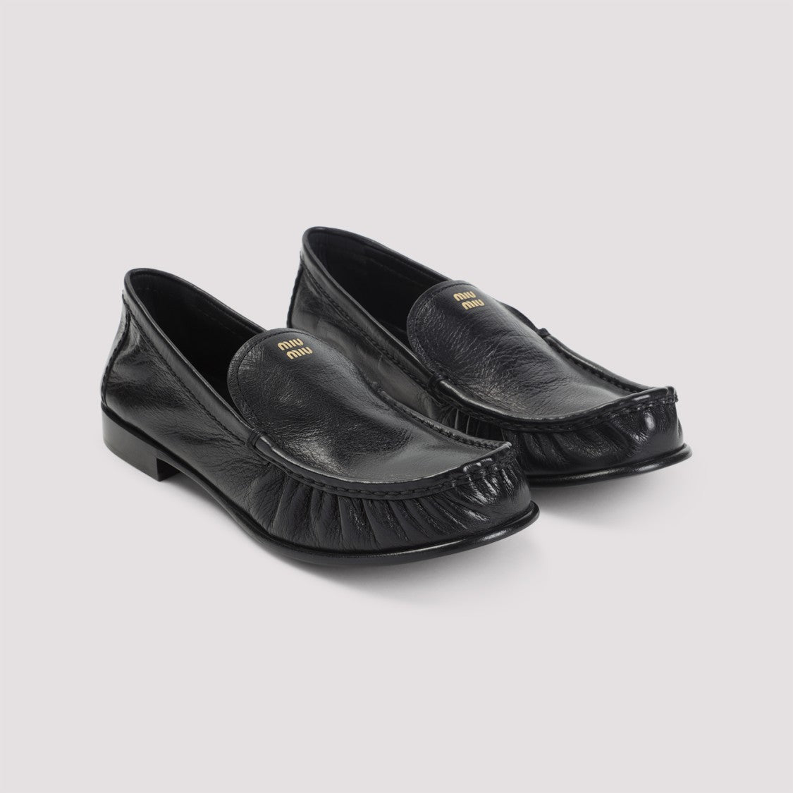 Miu Miu Gathered Detail Black Buffalo Leather Loafers