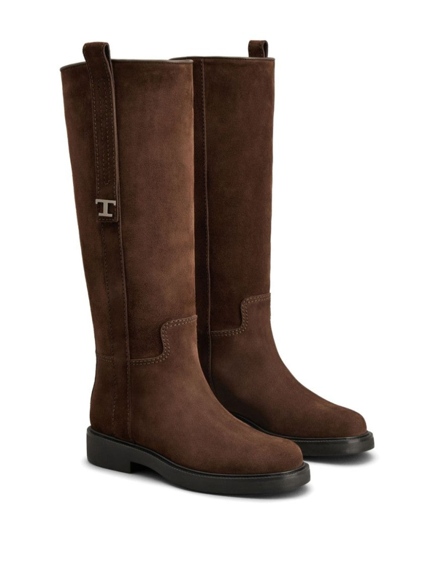 Tod's Long Brown Leather Boots With Strap Detail