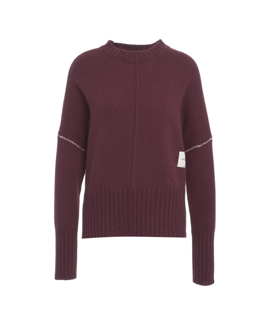 Jeio Crew Neck Burgundy Sweater With Visible Stitching And Ribbed Details
