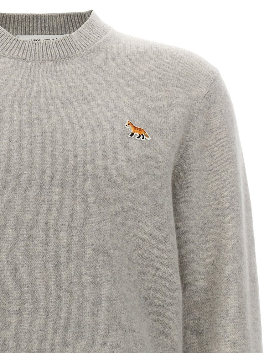 Maison Kitsuné Heathered Grey Crewneck Sweater With Embroidered Fox Emblem
