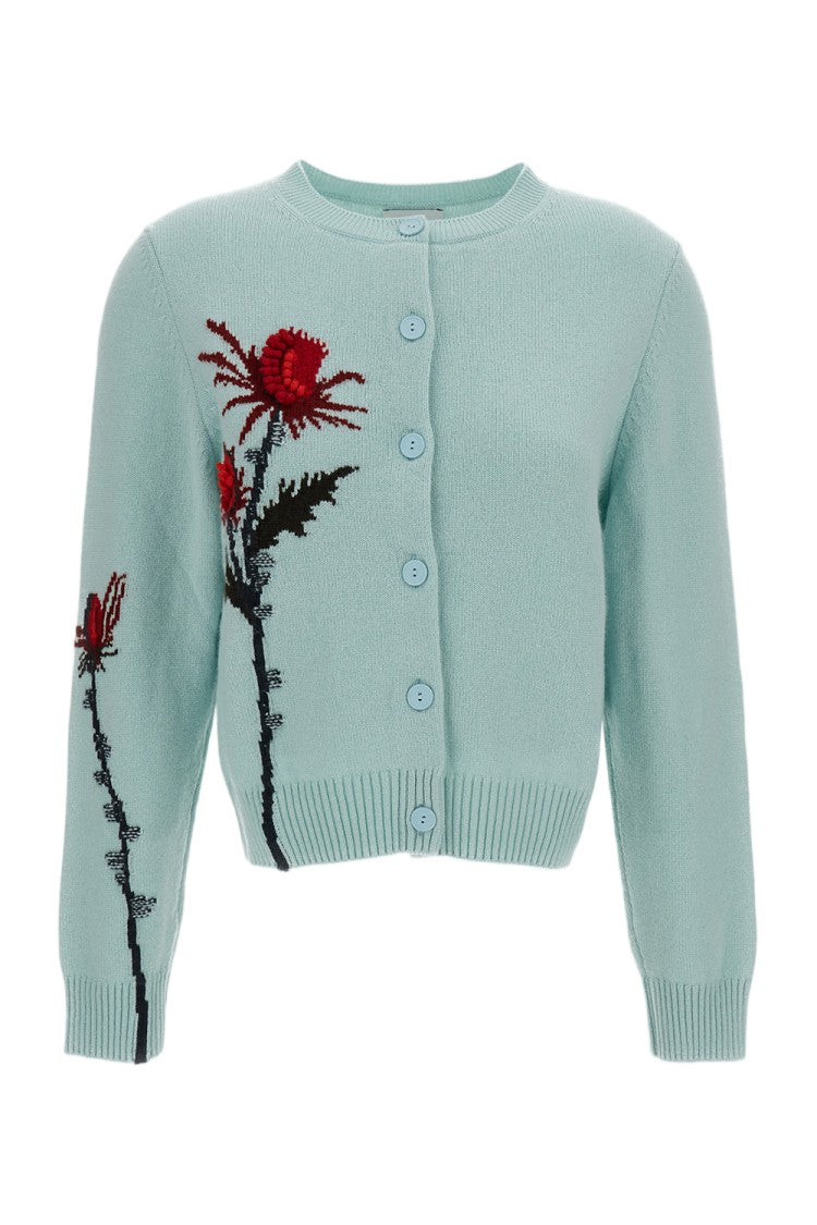 Barrie Turquoise/Multicolor Thistle Motif Cashmere Cardigan