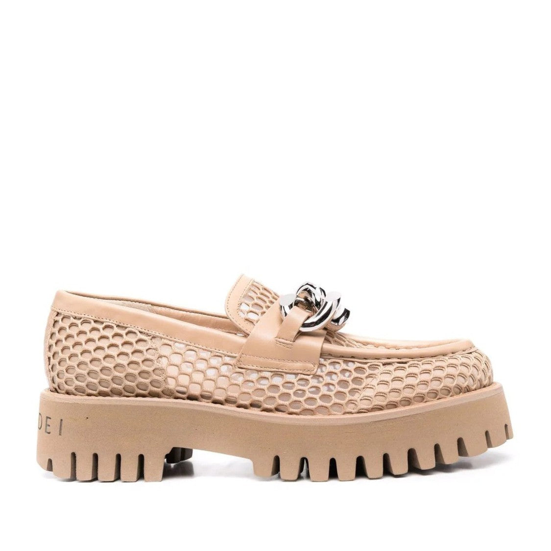 Casadei Beige Trappeur Honeycomb Pattern Silver Chain Loafers