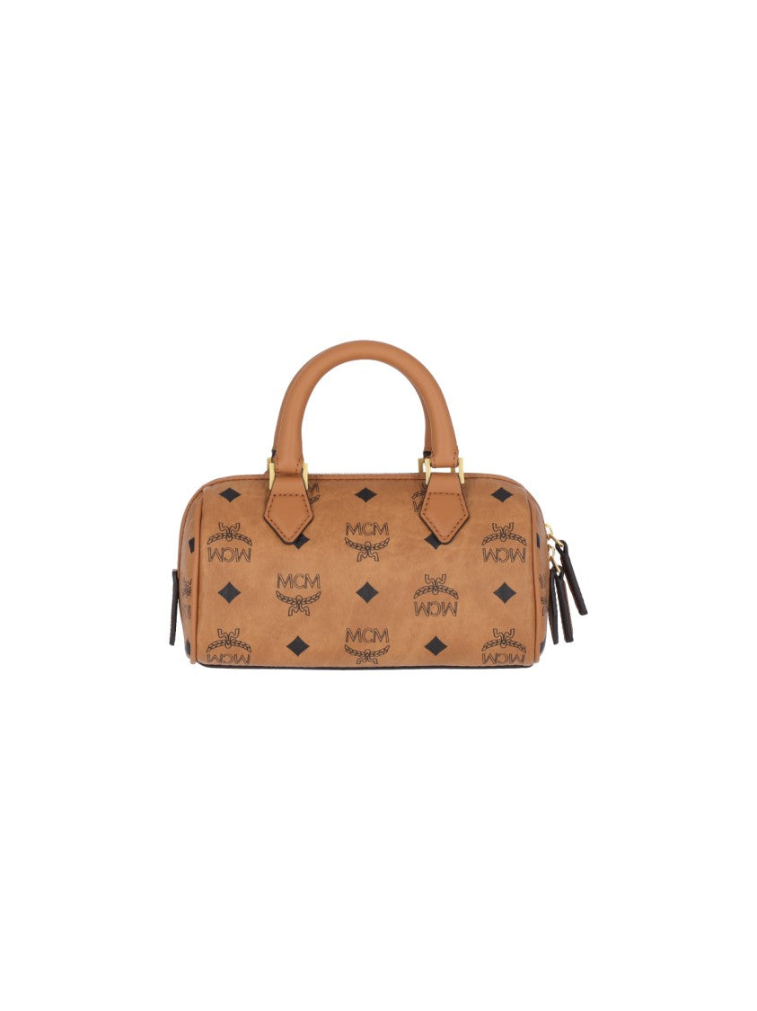 Mcm Mini Ella Boston Handbag In Textured Calf Leather With Gold Padlock Charm