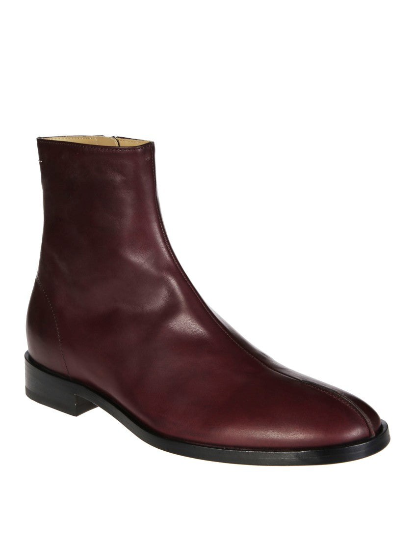 Mm6 By Maison Margiela Deep Burgundy Leather Ankle Boot With Minimalist Design